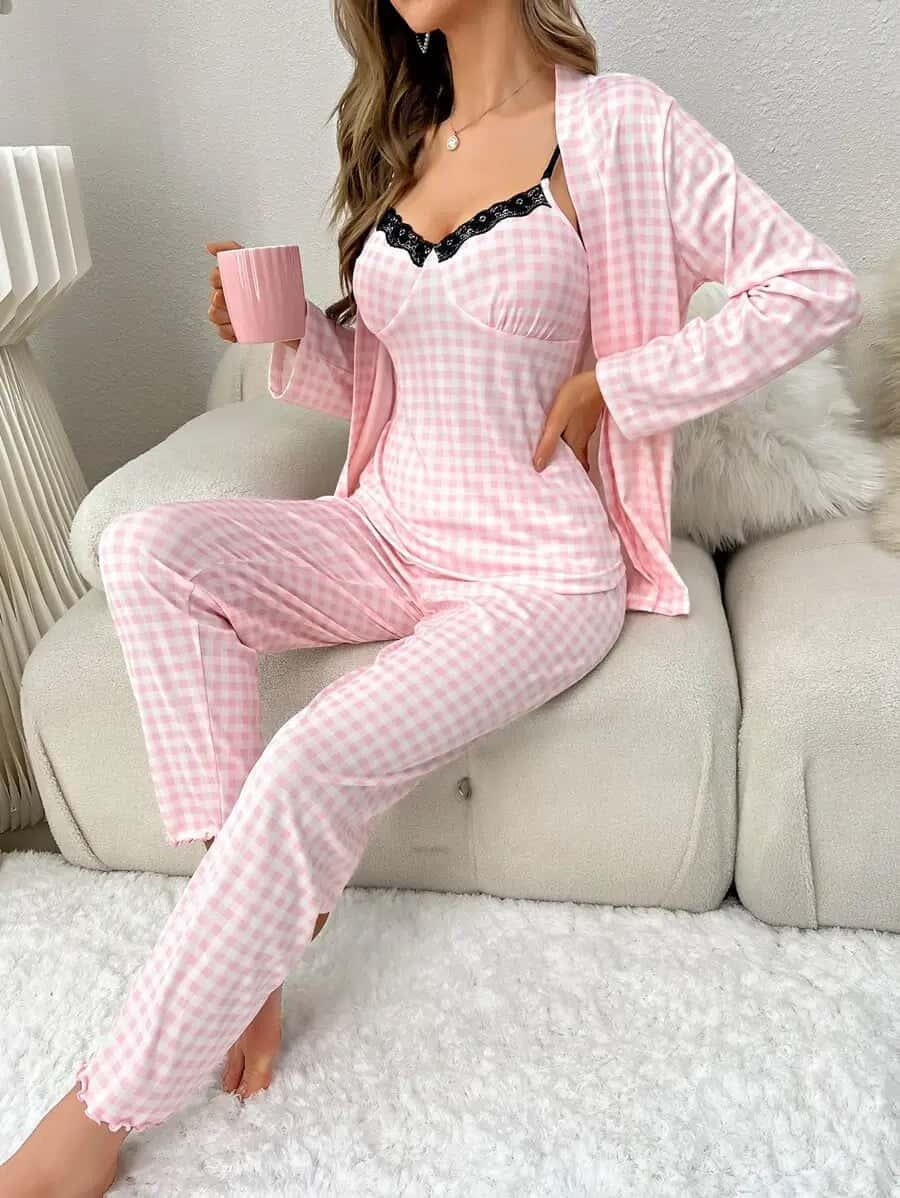 3pcs Plaid Contrast Lace PJ Set