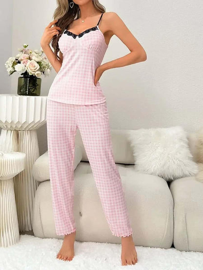 3pcs Plaid Contrast Lace PJ Set