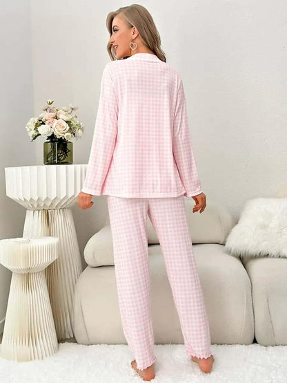 3pcs Plaid Contrast Lace PJ Set