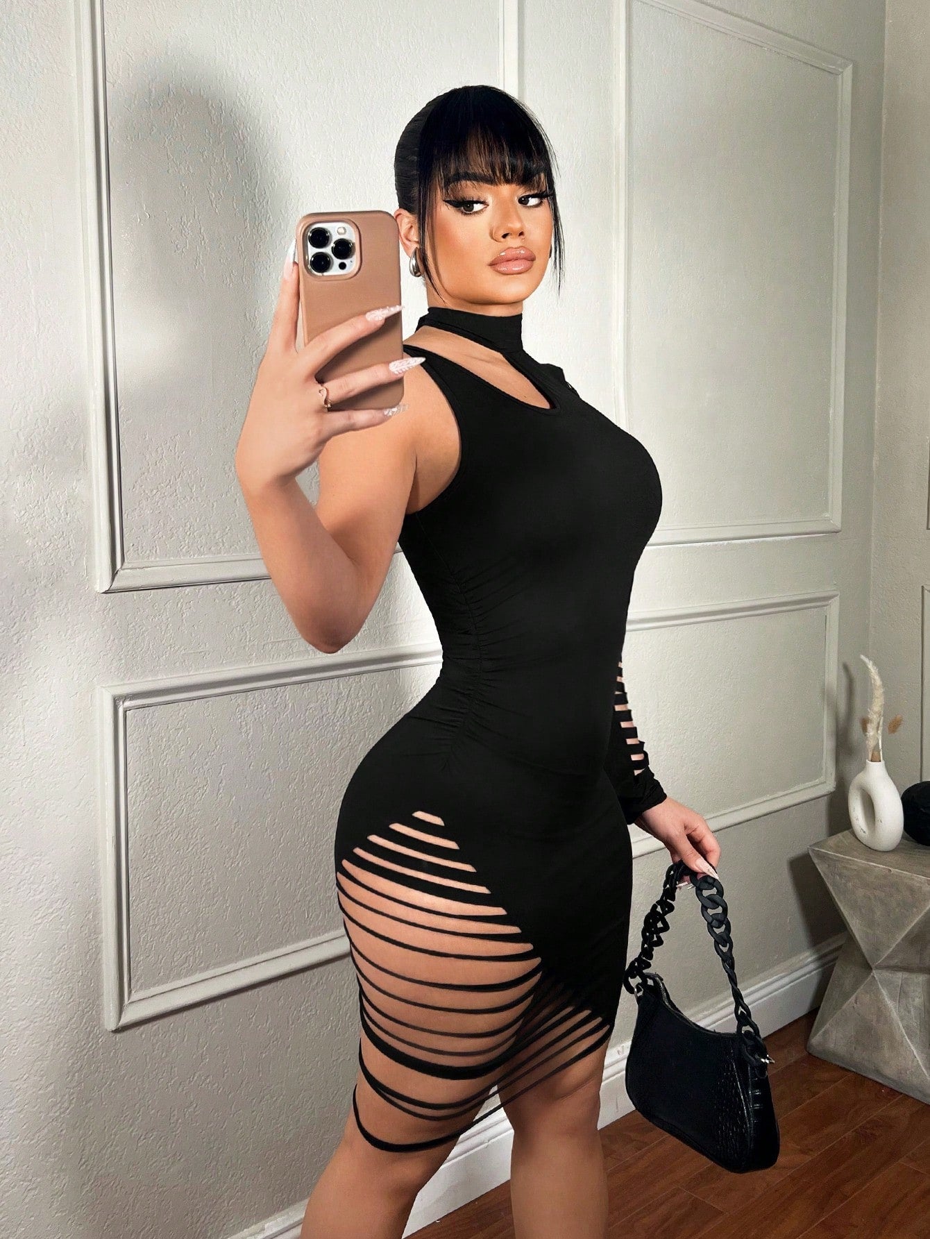 Sexy Street Hollow Out One Shoulder High Slit Black Bodycon Dress