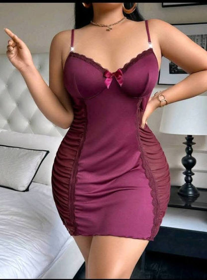 Lace Robe With  Lace Camisole Slip Dress With Waist Cinching Design (curvy)
