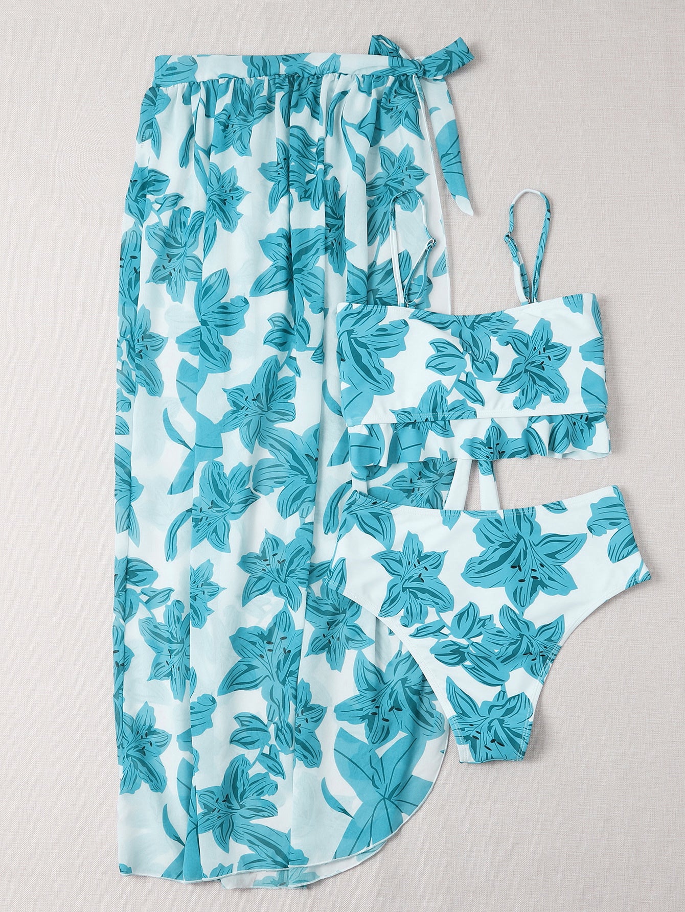 Summer Beach 3packs Floral Knot Front Bikini & Beach Skirt