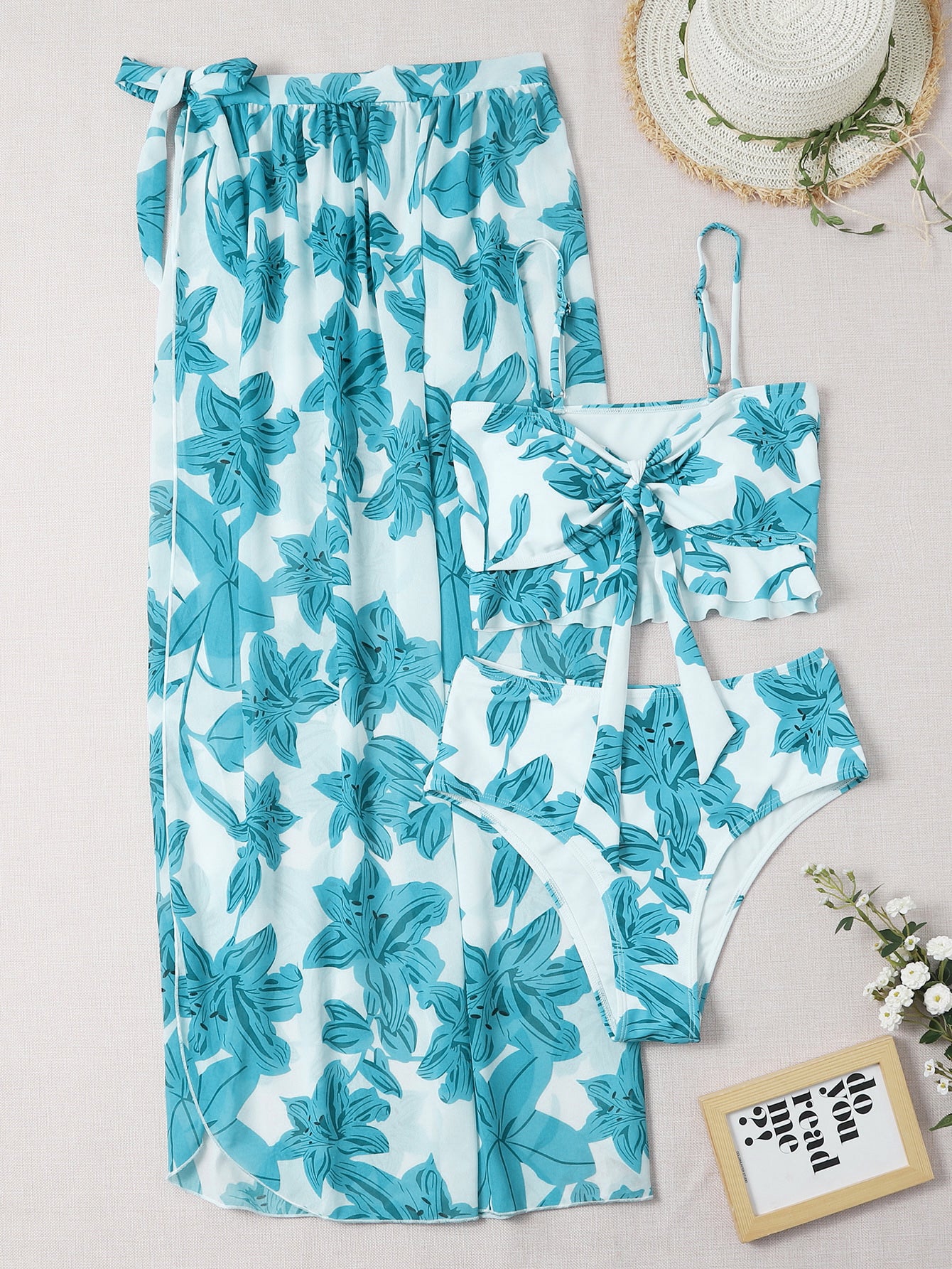 Summer Beach 3packs Floral Knot Front Bikini & Beach Skirt