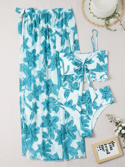 Summer Beach 3packs Floral Knot Front Bikini & Beach Skirt