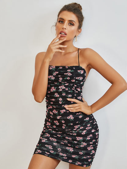 Floral Print Lace Up Backless Cami Bodycon Dress