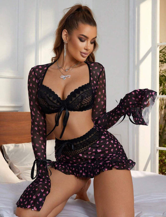 Lace Heart Print Lingerie Sets Bow Bralette and Thong with Mini Skirt