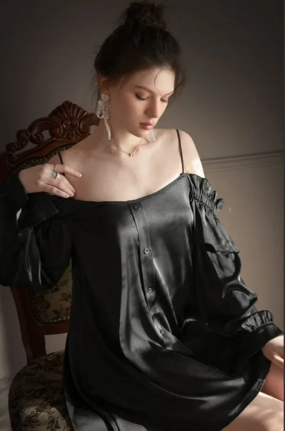 Women's Satin Pajamas Long Sleeve Sexy Boyfriend Style Pajama Dress