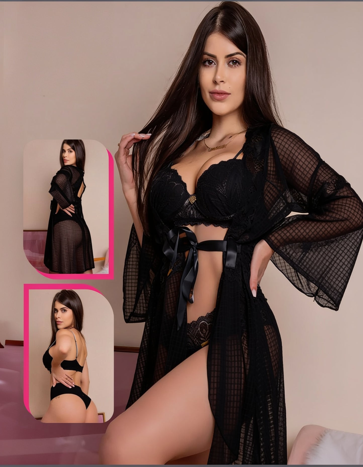 Sexy 3 Piece Lingerie Set With Lace Trim Bra Panties And Mesh Robe طقم دانتيل 3 قطع بيبي بلو