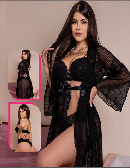 Sexy 3 Piece Lingerie Set With Lace Trim Bra Panties And Mesh Robe طقم دانتيل 3 قطع بيبي بلو
