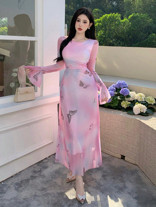 Women's Butterfly Printed Ombre Long Dress With Flare Sleeves For Vacation