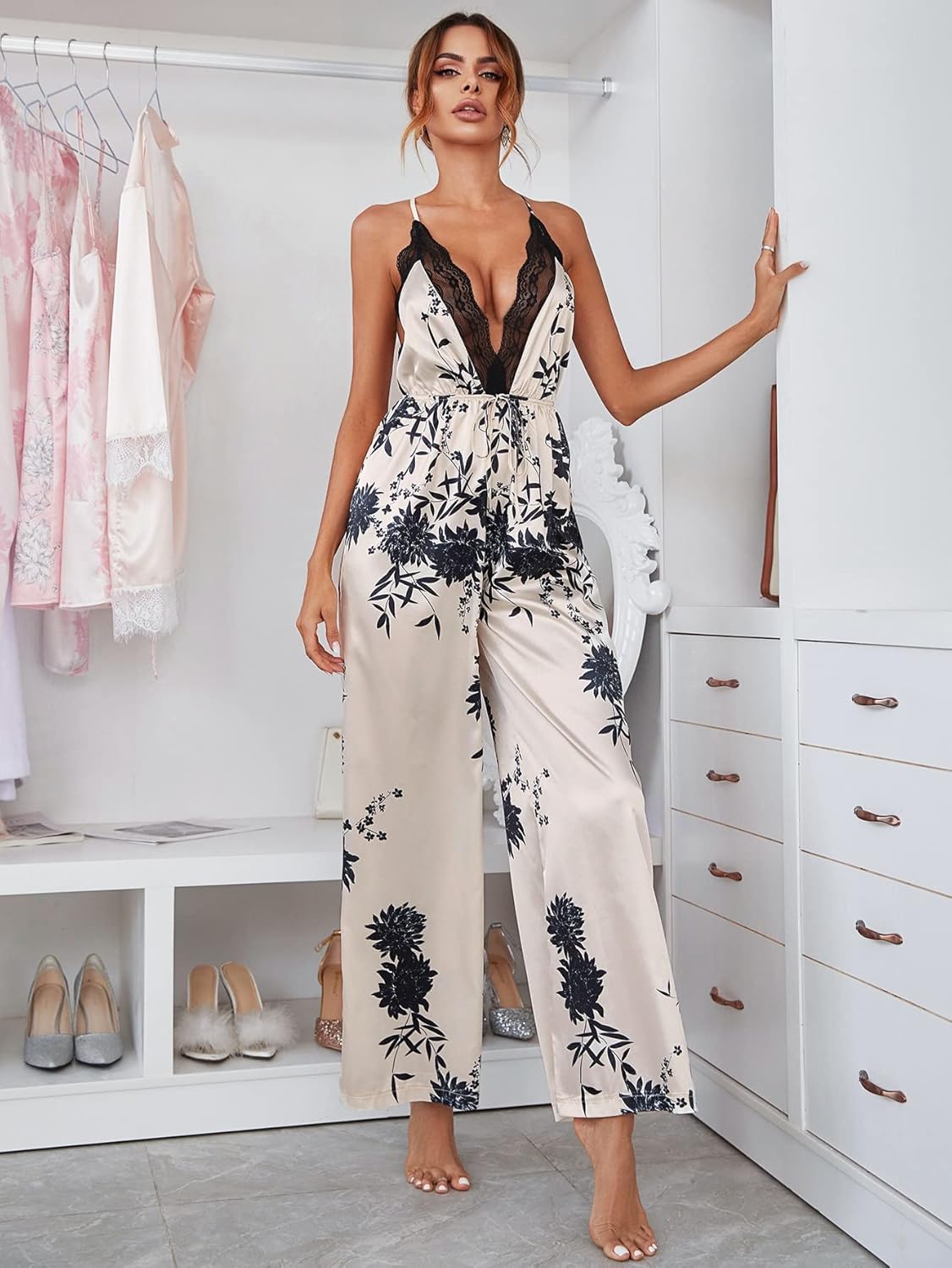 LuxeNights Lace Trim Crisscross Backless Floral Satin Sleep Jumpsuit