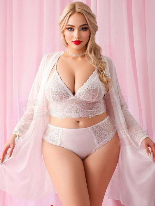 Curve  3pcs Women Lace Patchwork Lingerie Set,