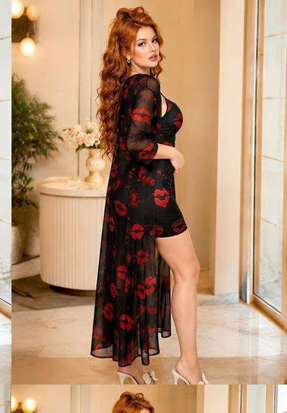 Sexy Black & Red lips Sheer V-Neck Mesh Nightgown With Lace Trim & Tie, 2 Pieces Sleepwear Set
