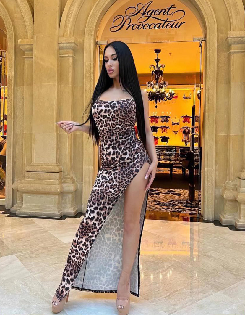 Nightclub Spicy Girl Sexy Leopard Chain Strap Low Chest High Split Dress Elegant Long Slim Women