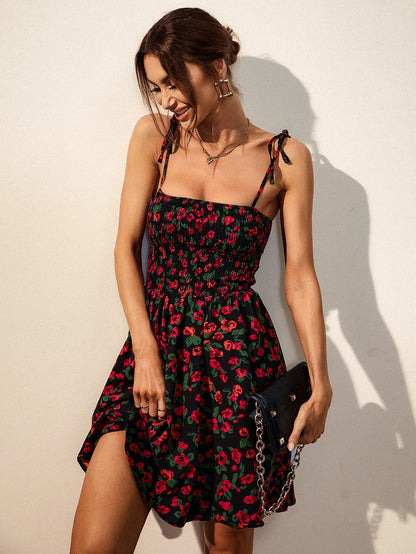 Frenchy Allover Floral Shirred Knot Shoulder Cami Dress