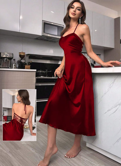 Tie Backless Satin Halter Nightdress