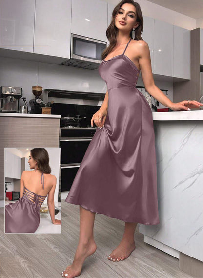 Tie Backless Satin Halter Nightdress