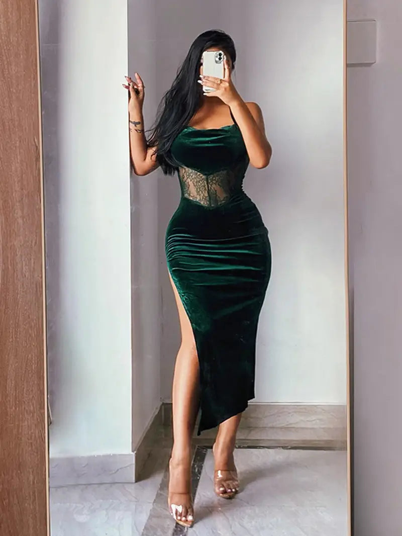 Off Shoulder Mermaid Hem Velvet Bodycon Dress