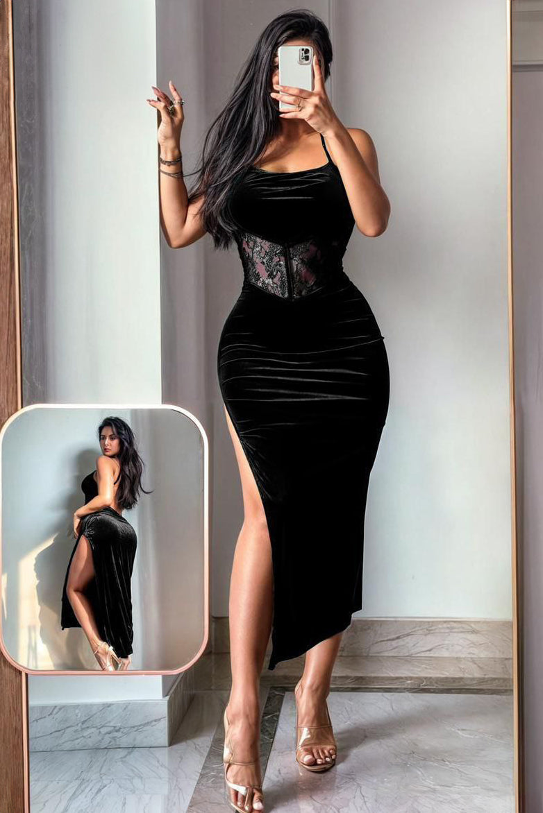 Off Shoulder Mermaid Hem Velvet Bodycon Dress