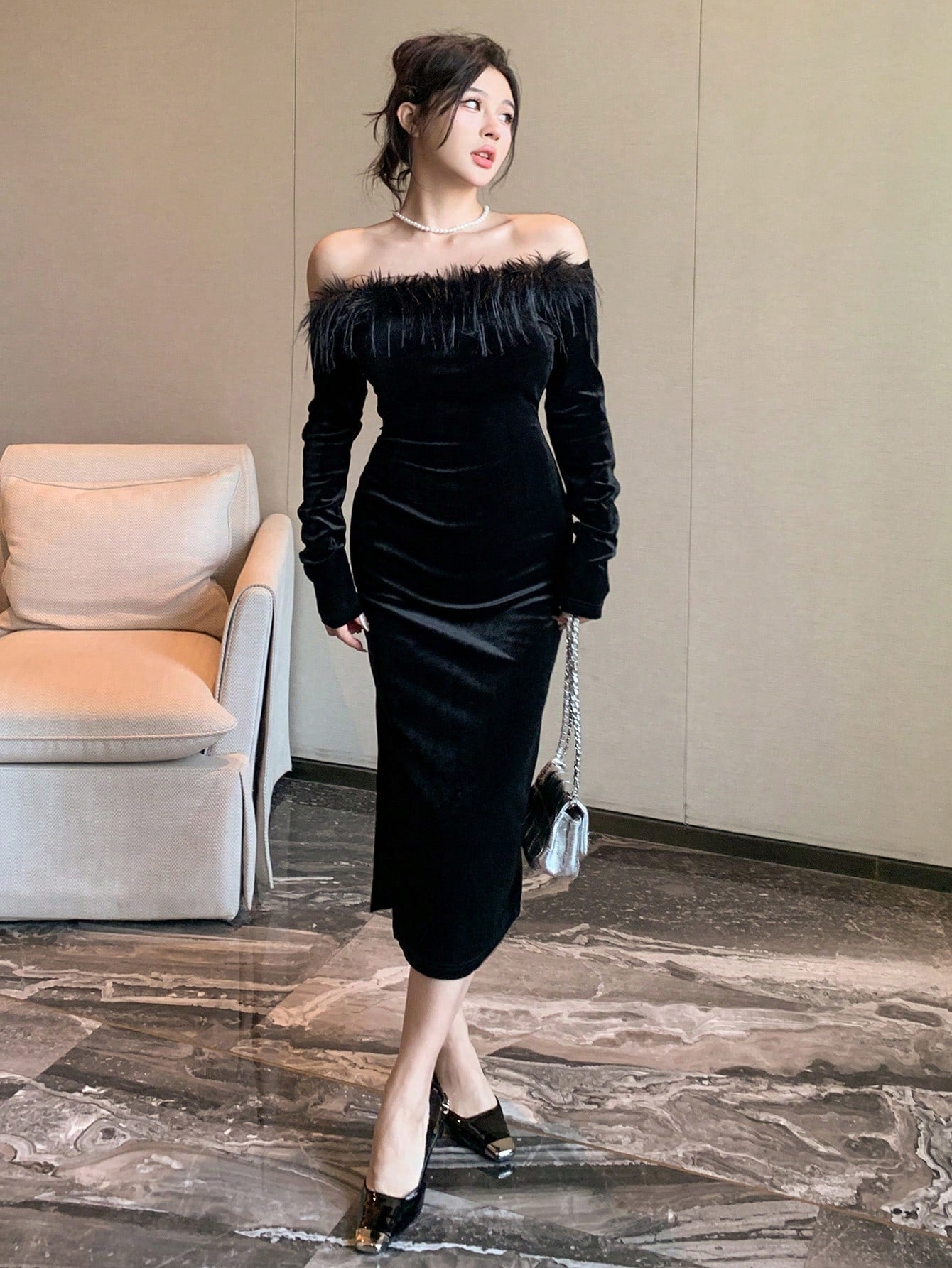 Women's Off-Shoulder Patchwork Fringed Slit Midi Dress