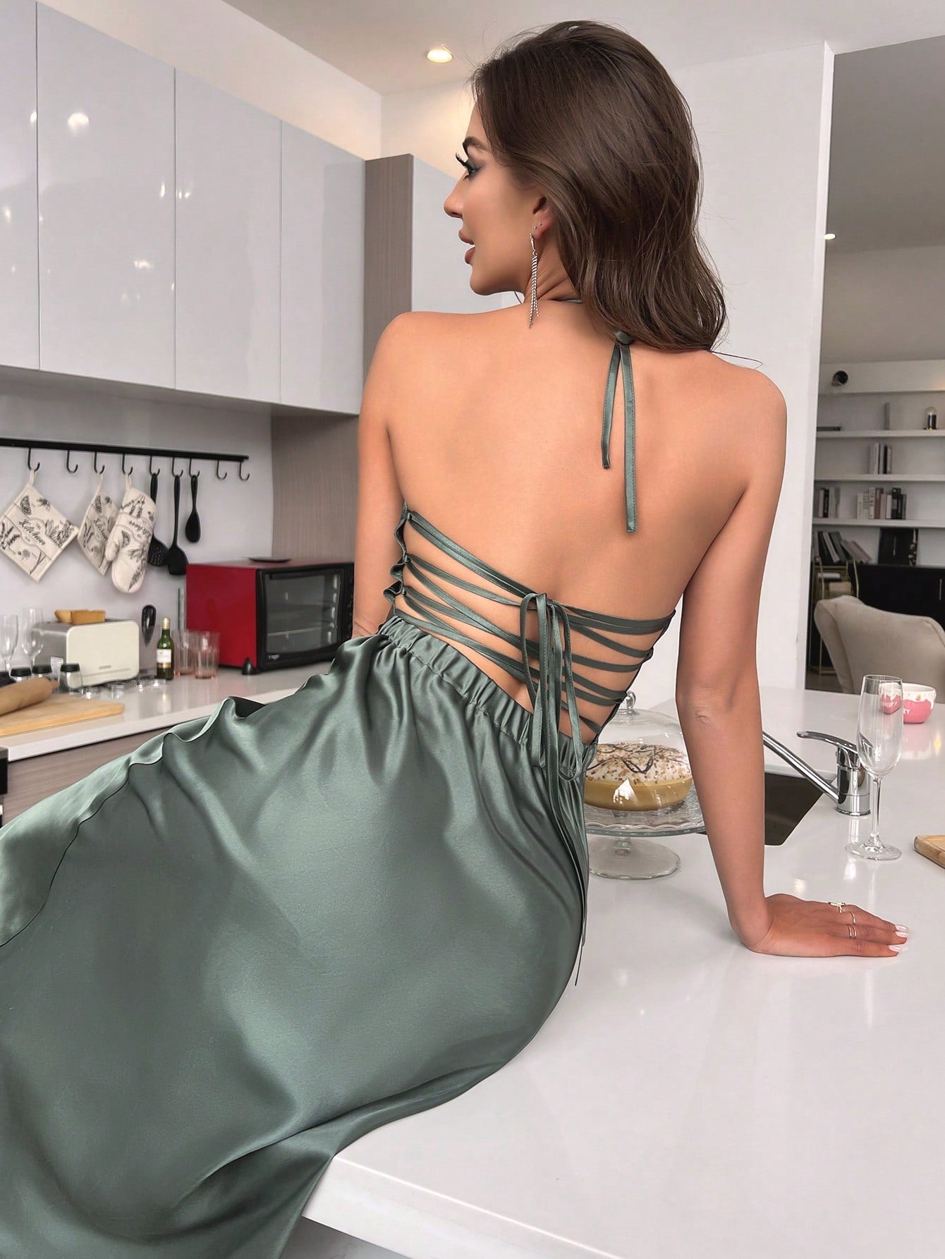 Tie Backless Satin Halter Nightdress