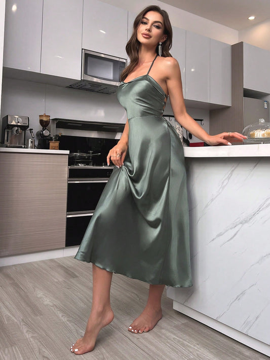 Tie Backless Satin Halter Nightdress