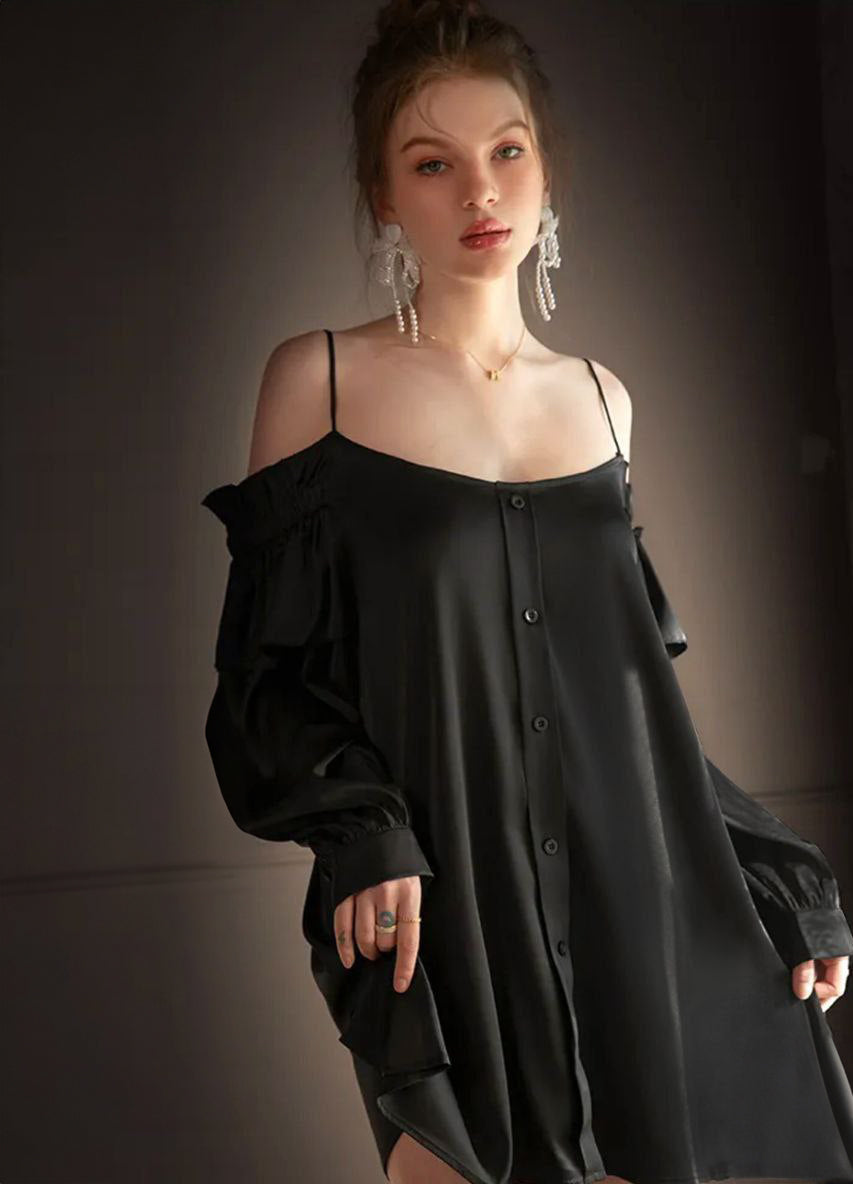 Women's Satin Pajamas Long Sleeve Sexy Boyfriend Style Pajama Dress