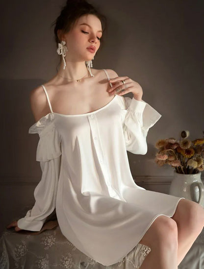 Women's Satin Pajamas Long Sleeve Sexy Boyfriend Style Pajama Dress