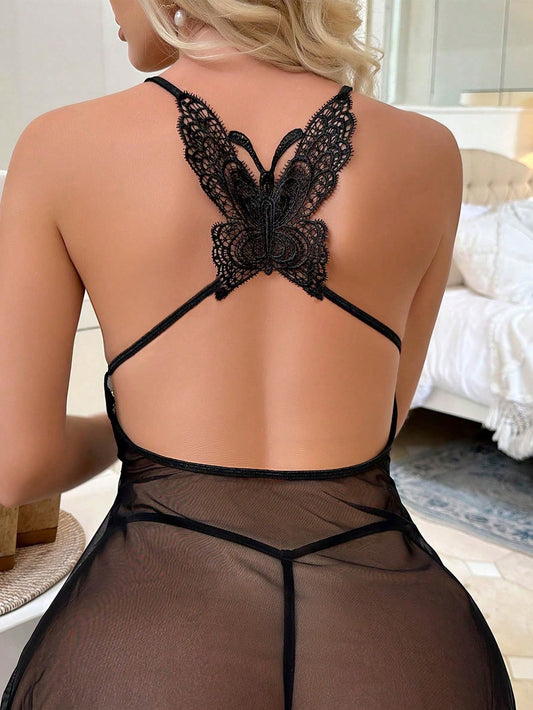 Contrast Lace Mesh Babydoll Sexy Lingerie Dress With Thong