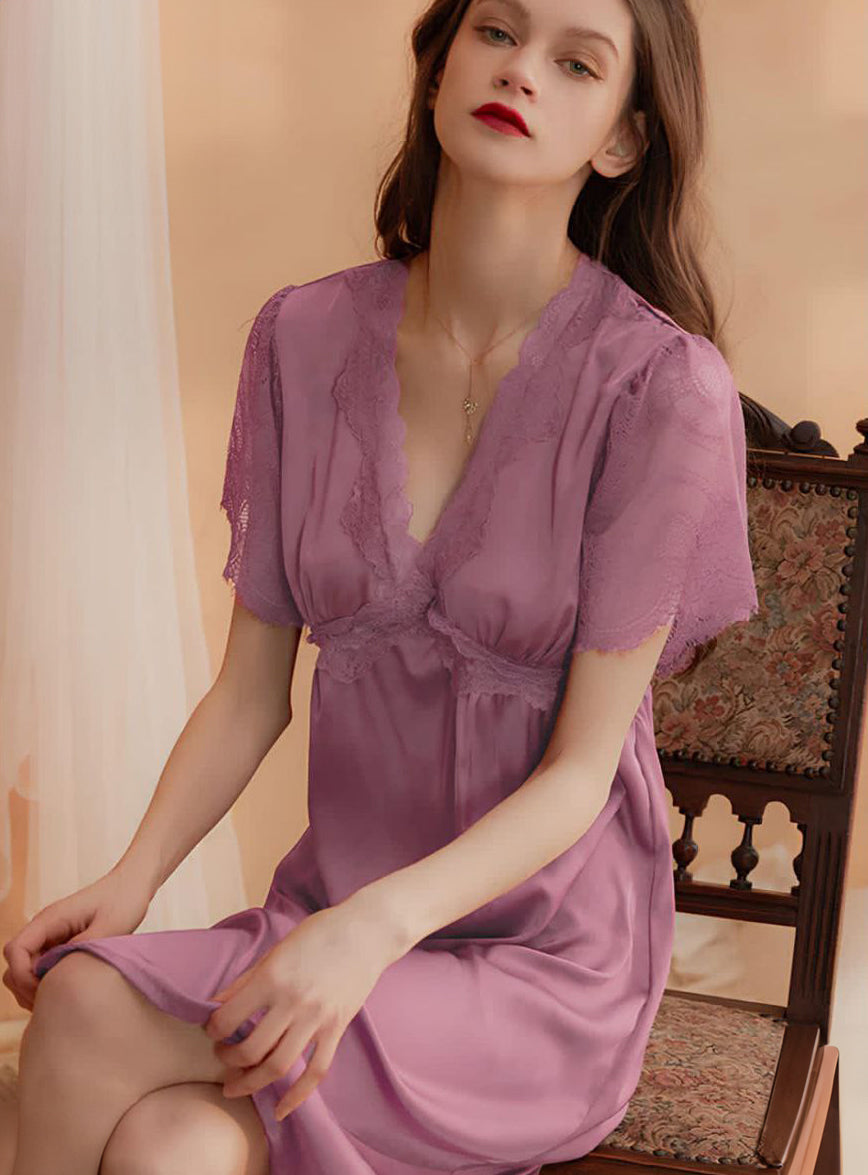 V-Neck Satin Nightgown Lace Short Sleeve Sleepshirt Loose