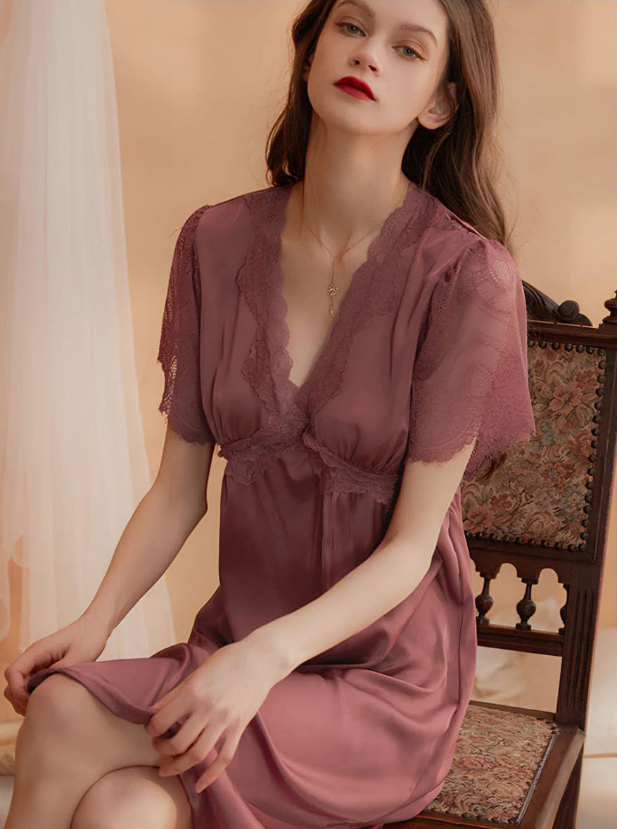 V-Neck Satin Nightgown Lace Short Sleeve Sleepshirt Loose