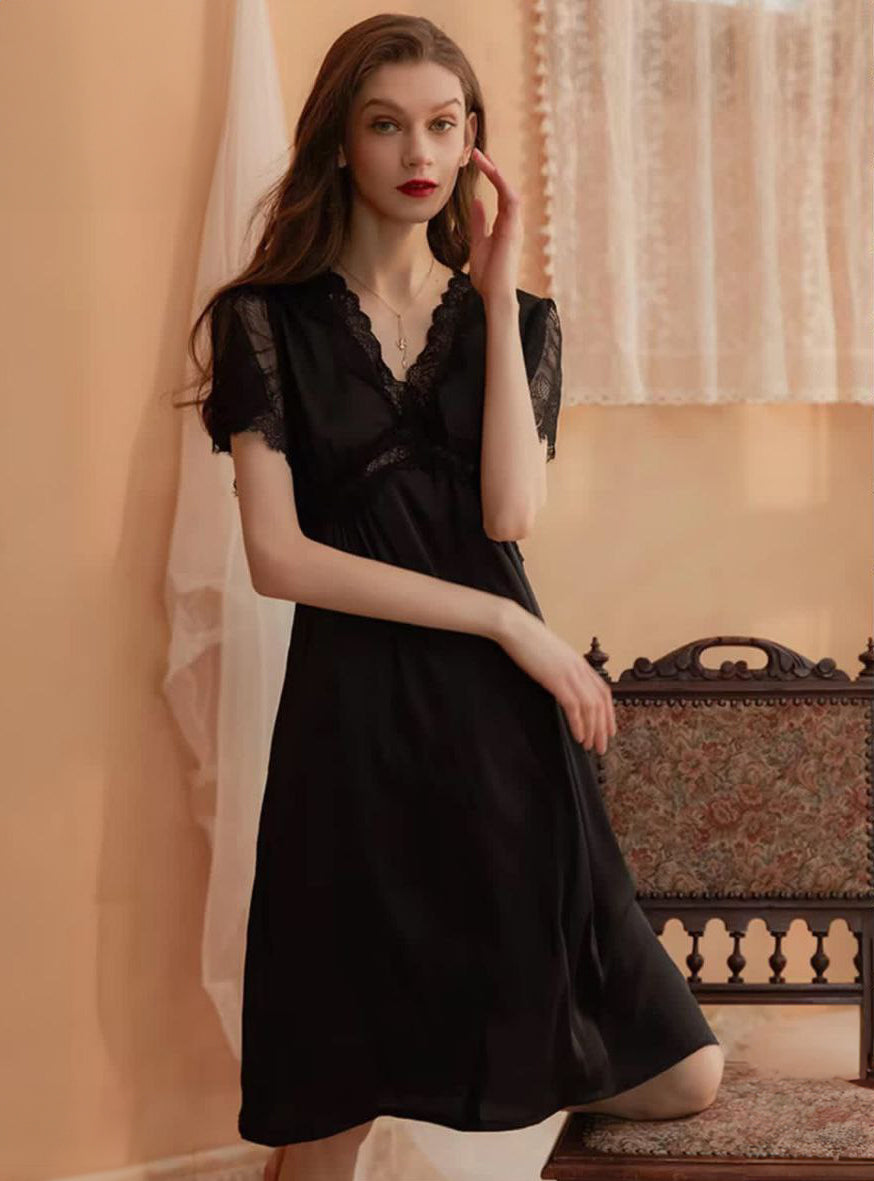 V-Neck Satin Nightgown Lace Short Sleeve Sleepshirt Loose