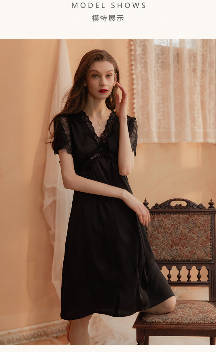 V-Neck Satin Nightgown Lace Short Sleeve Sleepshirt Loose