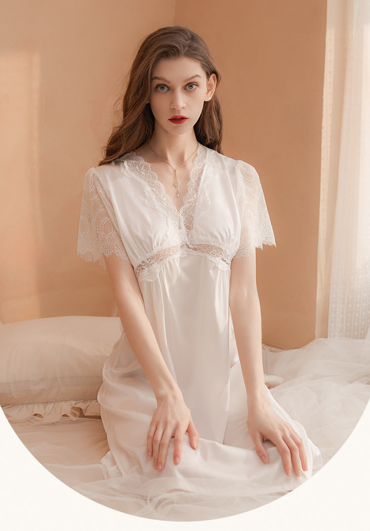 V-Neck Satin Nightgown Lace Short Sleeve Sleepshirt Loose