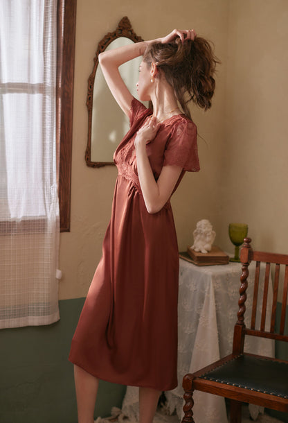 V-Neck Satin Nightgown Lace Short Sleeve Sleepshirt Loose