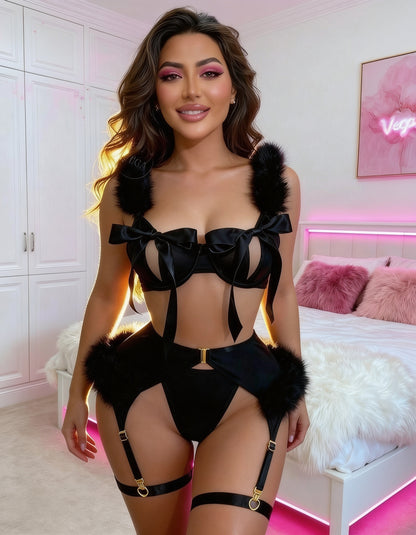 Scarlett Open Cup Marabou Bra, Garter & G-String Set