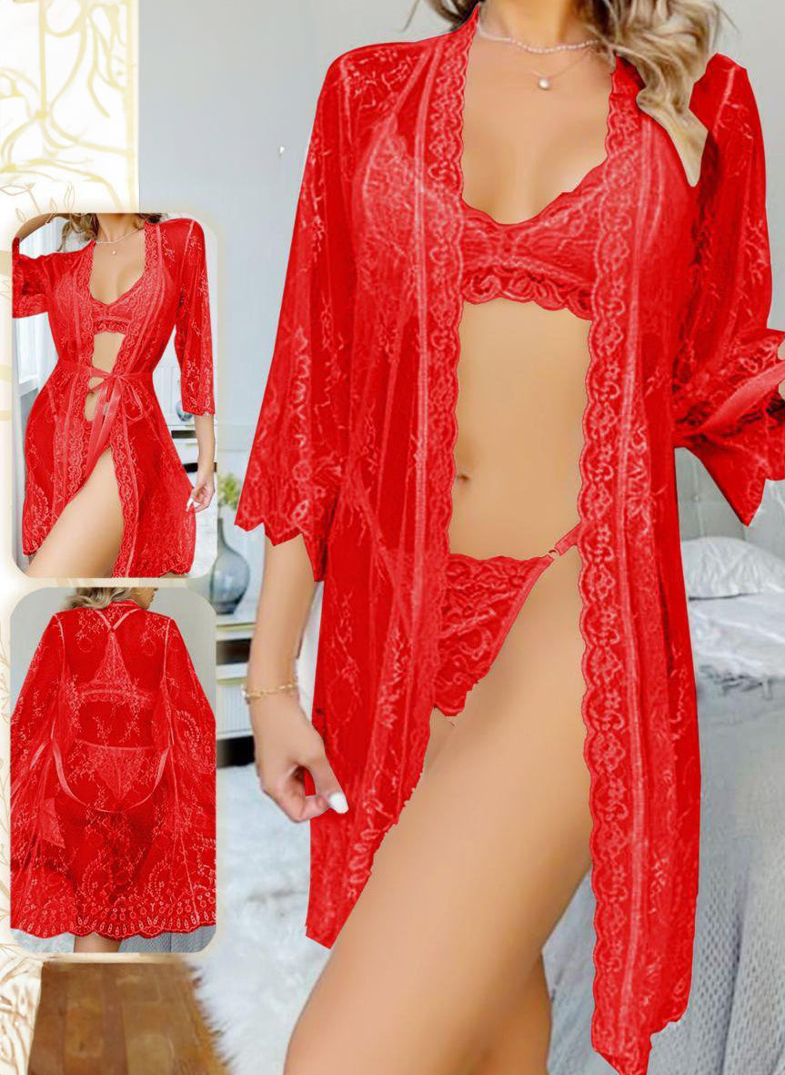 Classic Sexy Floral Lace Robe With Belted, Lingerie