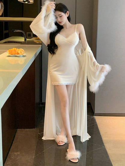 Women Long Sleeve Mesh And Plush Cuff Home Clothes Robe طقم العروسه قطعتين