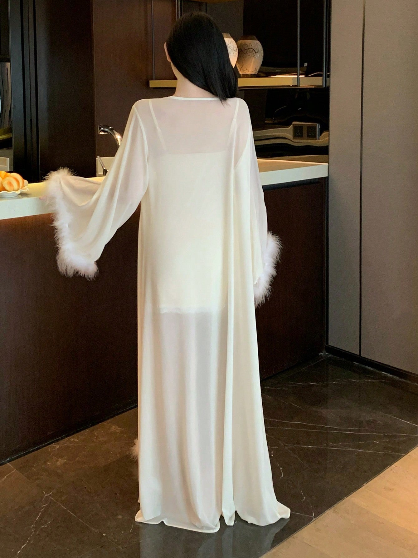 Women Long Sleeve Mesh And Plush Cuff Home Clothes Robe طقم العروسه قطعتين