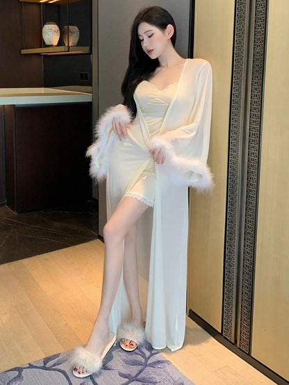 Women Long Sleeve Mesh And Plush Cuff Home Clothes Robe طقم العروسه قطعتين