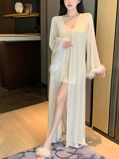 Women Long Sleeve Mesh And Plush Cuff Home Clothes Robe طقم العروسه قطعتين