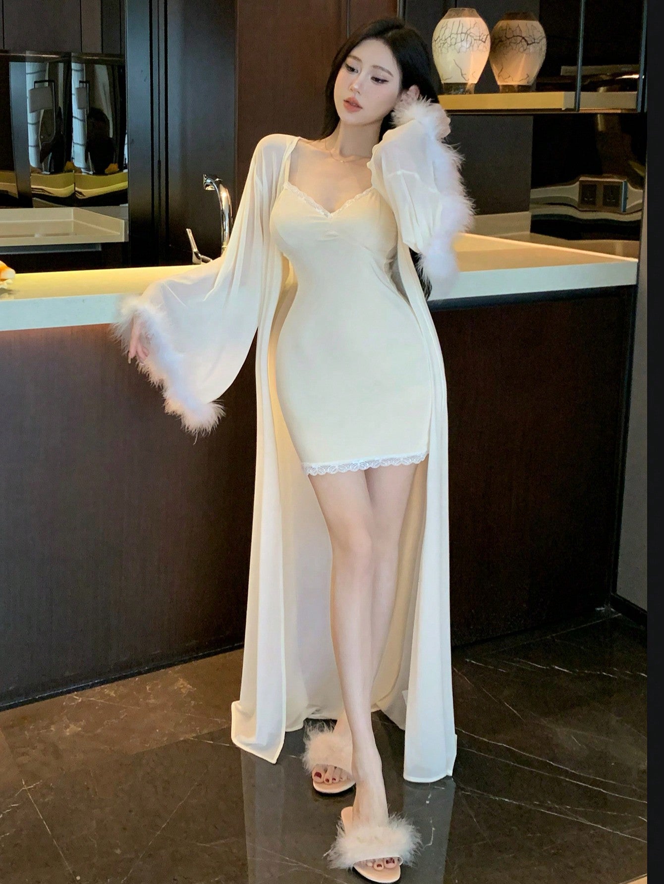 Women Long Sleeve Mesh And Plush Cuff Home Clothes Robe طقم العروسه قطعتين