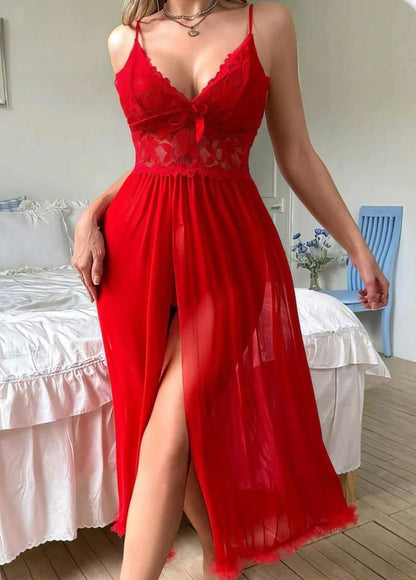 Lace Patchwork Sheer Slit Sexy Spaghetti Strap Nightgown قميص اول ليله شيفون