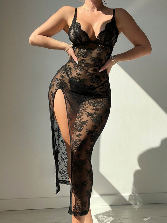 Floral Lace Babydoll Sexy Lingerie Dress With Thong  طويل شفاف مفتوح من الجانب