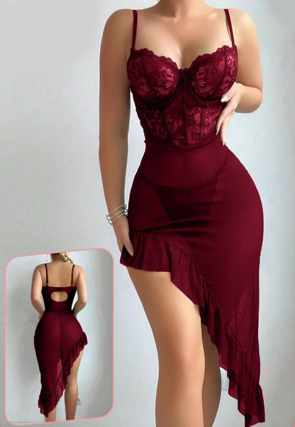 2pcs/Set Ruffle Lace Contrast Mesh Underwire Chemise Nightgown & Thong