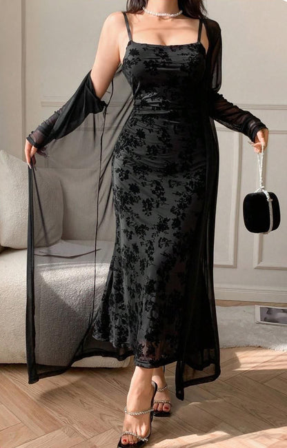 2pcs/Set Elegant Mesh Jacket And Slip Dress For Women طقم قطعتين روب شفاف مع قميص طبقتين