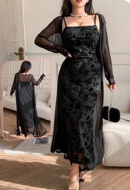2pcs/Set Elegant Mesh Jacket And Slip Dress For Women طقم قطعتين روب شفاف مع قميص طبقتين