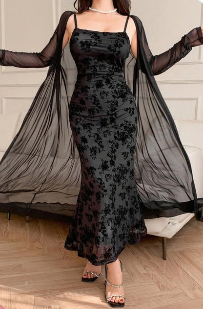 2pcs/Set Elegant Mesh Jacket And Slip Dress For Women طقم قطعتين روب شفاف مع قميص طبقتين