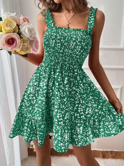 WEDDLE Redtiereddress Ditsy Floral Print Shirred Frill Trim Cami Dress