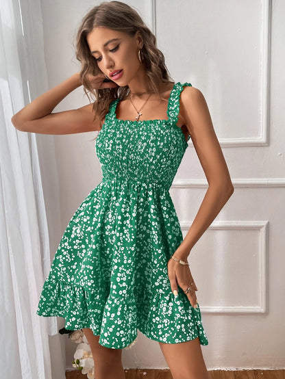 WEDDLE Redtiereddress Ditsy Floral Print Shirred Frill Trim Cami Dress